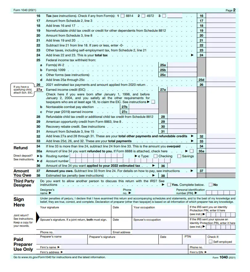 IRS Form 1040 2022 Back