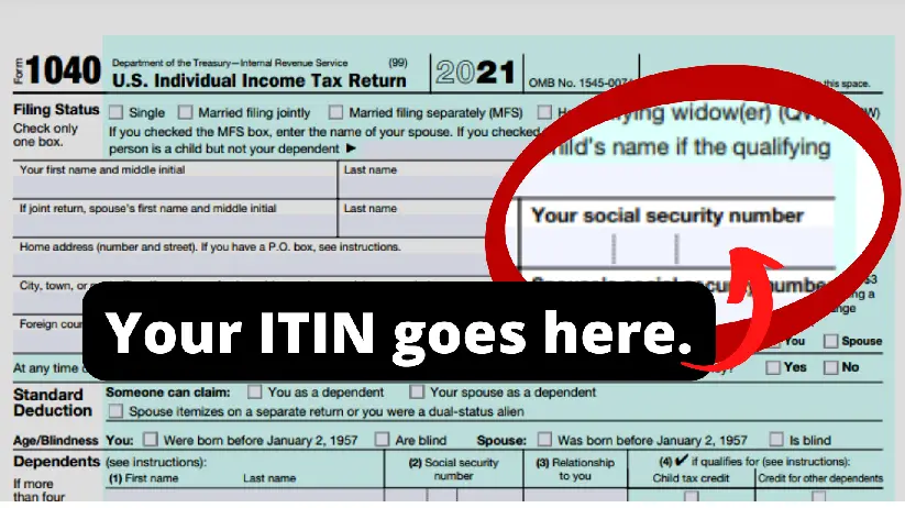 Sample 1040 US Tax Form with red circle showing where an ITIN number should be