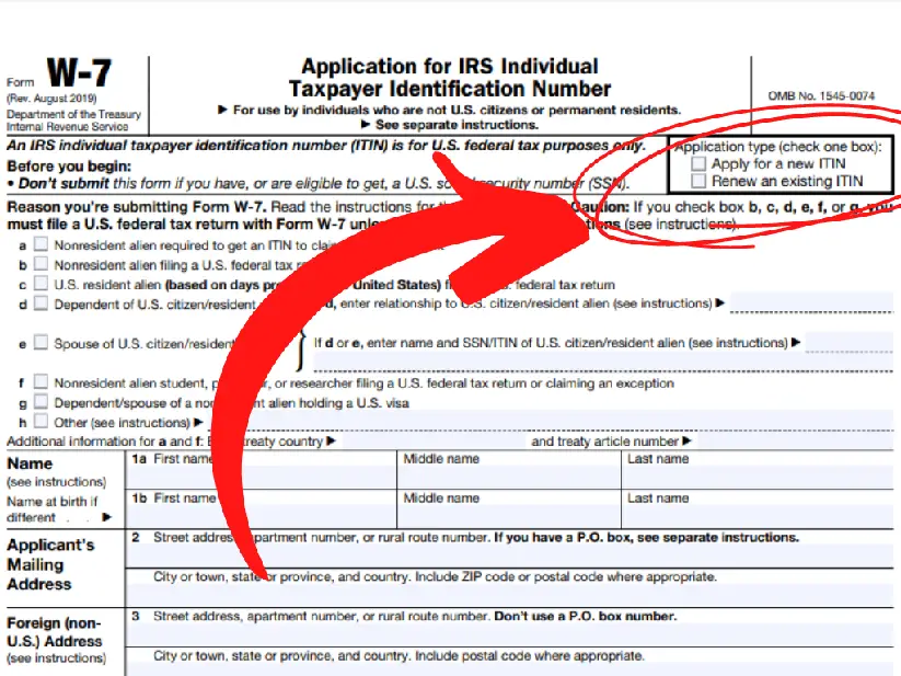 Modelo de formulario W-7 del IRS con un círculo rojo que indica el tipo de solicitud de ITIN