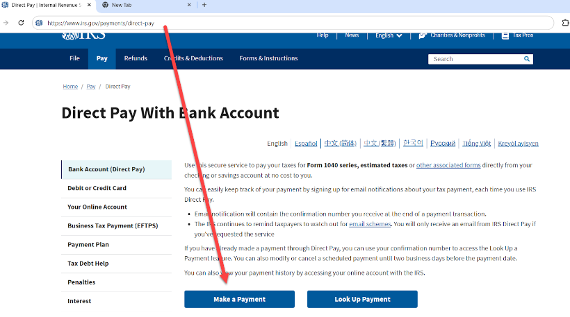 Step 1 direct pay with bank details